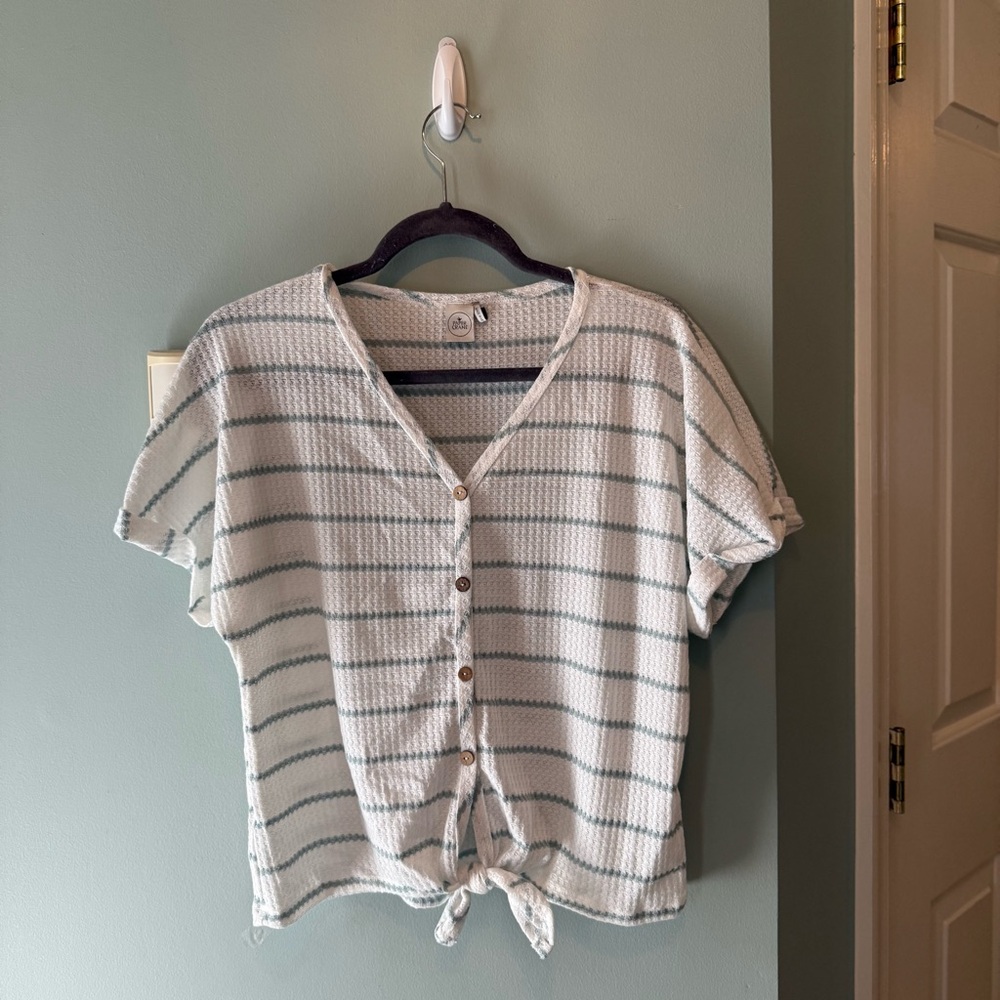Paper Crane Teal Blue Green and White Striped Women’s Button Up Blouse
